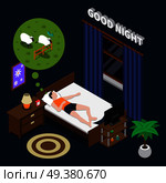 Good night isometric composition on dark background with lying man doing counting sheep in bed vector illustration. Good Night Isometric Composition. Стоковая иллюстрация, агентство Ingram Publishing / Фотобанк Лори