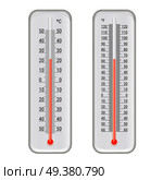 Set of realistic white meteorology thermometers with celsius and fahrenheit scales, red mercurial indicator isolated vector illustration. Realistic Meteorology Thermometers Set. Стоковая иллюстрация, агентство Ingram Publishing / Фотобанк Лори