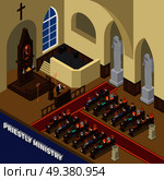 Priestly ministry isometric composition with pastor, sitting people believers, interior elements inside church 3d vector illustration. Priestly Ministry Isometric Composition. Стоковая иллюстрация, агентство Ingram Publishing / Фотобанк Лори