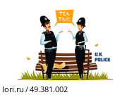 Couple of male and female police officers having tea break in urban environment cartoon vector illustration     . Couple Of Male And Female  Police Officers. Стоковая иллюстрация, агентство Ingram Publishing / Фотобанк Лори