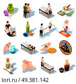 Alternative medicine isometric icons set of patients and accessories for aromatherapy apitherapy yoga phytotherapy hydrotherapy leeches healing vector illustration  . Alternative Medicine Isometric Icons. Стоковая иллюстрация, агентство Ingram Publishing / Фотобанк Лори