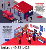 Post office isometric horizontal banners with views from inside and outside staff and correspondence recipients vector illustration  . Post Office Isometric Horizontal Banners. Стоковая иллюстрация, агентство Ingram Publishing / Фотобанк Лори