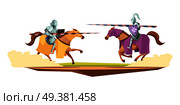 Medieval knits tournament cartoon composition with 2 horsemen in suits of armor in jousting contest vector illustration . Medieval Knits Contest Cartoon Composition . Стоковая иллюстрация, агентство Ingram Publishing / Фотобанк Лори