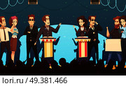 Presidential election candidates engaged in political debates in front of potential voters silhouettes cartoon poster vector illustration . Politics Election Debates Cartoon Illustration . Стоковая иллюстрация, агентство Ingram Publishing / Фотобанк Лори