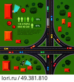 Crossroad with marking top view design with vehicles, buildings, trees, infographic elements on green background vector illustration. Crossroad Top View Illustration. Стоковая иллюстрация, агентство Ingram Publishing / Фотобанк Лори