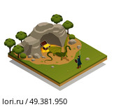 Fairy tale isometric composition with brave knight challenging guarding treasures dragon at cave entrance vector illustration . Fairy Tale Isometric Composition . Стоковая иллюстрация, агентство Ingram Publishing / Фотобанк Лори