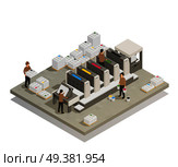 Printing house facility offset production line industrial equipment with operating personnel isometric composition vector illustration .  Printing Production Process Isometric Composition . Стоковая иллюстрация, агентство Ingram Publishing / Фотобанк Лори