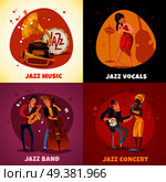 Jazz music design concept with performance in band, concert, women singers, musical instruments isolated vector illustration. Jazz Music Design Concept. Стоковая иллюстрация, агентство Ingram Publishing / Фотобанк Лори