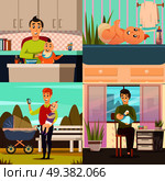 Fathers on parental leave 4 orthogonal icons square with baby feeding playing outdoor walks isolated vector illustration   . Parental Leave 4 Orthogonal Icons. Стоковая иллюстрация, агентство Ingram Publishing / Фотобанк Лори