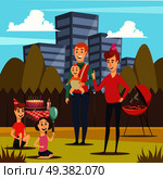 Orthogonal composition with happy fathers and kids including infant at bbq party during parental leave vector illustration . Fathers And Kids Orthogonal Composition. Стоковая иллюстрация, агентство Ingram Publishing / Фотобанк Лори