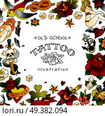 Old school tattoo frame with sensuality floral and nautical elements in vintage design colored vector illustration  . Old School Tattoo Frame. Стоковая иллюстрация, агентство Ingram Publishing / Фотобанк Лори