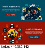 Two detective banner set with murder investigation secret surveillance and read more buttons vector illustration. Two Detective Banner Set. Стоковая иллюстрация, агентство Ingram Publishing / Фотобанк Лори