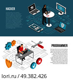 Set of horizontal isometric banners with hacker cracking computers and programmer during work isolated vector illustration . Hacker Programmer Isometric Banners. Стоковая иллюстрация, агентство Ingram Publishing / Фотобанк Лори