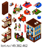 Hostel isometric icons set with building outside, bunk bed, reception desk, tourists during eating isolated vector illustration . Hostel Isometric Icons Set. Стоковая иллюстрация, агентство Ingram Publishing / Фотобанк Лори