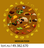 Mexican food round composition on sand background with traditional dishes, drinks and ingredients vector illustration. Mexican Food Round Composition. Стоковая иллюстрация, агентство Ingram Publishing / Фотобанк Лори