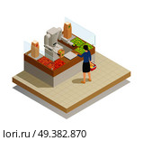 Supermarket innovative technologies isometric composition with robot assisting customer in fresh fruits and vegetables section vector illustration . Supermarket Robotic Technology Isometric Composition . Стоковая иллюстрация, агентство Ingram Publishing / Фотобанк Лори