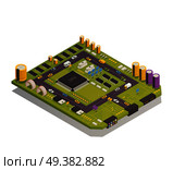 Semiconductor electronic components assembled on circuit board as city buildings streets traffic elements isometric composition vector illustration . Semiconductor Electronic Components Isometric Composition . Стоковая иллюстрация, агентство Ingram Publishing / Фотобанк Лори