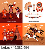 American indians 2x2 design concept set of tribal culture indian weapons native americans square icons flat vector illustration. American Indians 2x2 Design Concept. Стоковая иллюстрация, агентство Ingram Publishing / Фотобанк Лори