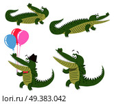 Cute cartoon crocodiles in natural position, on hind legs and with balloons in hat and bow tie isolated on white background. Cute big reptiles vector illustration. Drawn friendly crocs with eyebrows.. Friendly Cartoon Crocodiles Illustrations Set. Стоковая иллюстрация, агентство Ingram Publishing / Фотобанк Лори