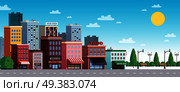 City town summer sunny day street view with colorful office buildings houses trees shrubs lanterns vector illustration . Town City Street Summer illustration . Стоковая иллюстрация, агентство Ingram Publishing / Фотобанк Лори