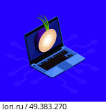 Data encryption cyber security isometric composition with isolated image of laptop computer and tor onion network vector illustration. Onion Cyber Security Concept. Стоковая иллюстрация, агентство Ingram Publishing / Фотобанк Лори