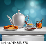 White porcelain teapot full hot teacup glass honey jar and plate muffins waffels realistic composition vector illustration . Teapot Honey Jar Realistic Set . Стоковая иллюстрация, агентство Ingram Publishing / Фотобанк Лори