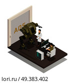 Fighting robots design concept with engineers in scientific lab interior involved in development of stormtrooper machine isometric vector illustration    . Fighting Robots Isometric Design Concept. Стоковая иллюстрация, агентство Ingram Publishing / Фотобанк Лори