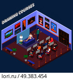Drawing courses in art gallery with teacher, audience, girl model,  isometric composition on blue background  vector illustration. Drawing Courses Isometric Composition. Стоковая иллюстрация, агентство Ingram Publishing / Фотобанк Лори