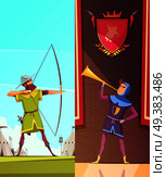 Medieval vertical cartoon banners set with horn blower under coats of arms and archer isolated vector illustration . Medieval Vertical Cartoon Banners Set. Стоковая иллюстрация, агентство Ingram Publishing / Фотобанк Лори