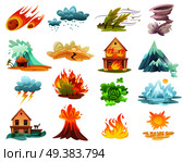 Natural disasters cartoon set of  icons with fires, tsunami, flood, volcano eruption, ice melting isolated vector illustration. Natural Disasters Cartoon Icons Set. Стоковая иллюстрация, агентство Ingram Publishing / Фотобанк Лори