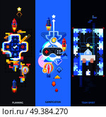 Gamification elements improving team spirit and user engagement in planning 3 flat vertical banners set isolated vector illustration . Gamification Elements Flat Banners Set. Стоковая иллюстрация, агентство Ingram Publishing / Фотобанк Лори