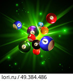 Colorful bingo balls with reflection on sparkling green background with light rays 3d vector illustration. Bingo Balls Illustration. Стоковая иллюстрация, агентство Ingram Publishing / Фотобанк Лори