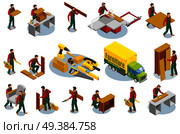 Set of isometric icons furniture makers with professional tools during production and assembly isolated vector illustration   . Furniture Makers Isometric Icons. Стоковая иллюстрация, агентство Ingram Publishing / Фотобанк Лори