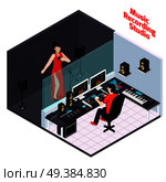 Music recording studio equipment isometric composition with view of professional studio interior female vocalist and sound engineer vector illustration. Vocal Recording Isometric Composition. Стоковая иллюстрация, агентство Ingram Publishing / Фотобанк Лори