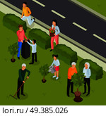 Spring territory cleaning outdoor work isometric composition with grass lawn raking trees planting shrubs pruning vector illustration . Spring Cleaning Isometric Composition . Стоковая иллюстрация, агентство Ingram Publishing / Фотобанк Лори