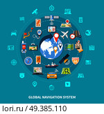 Navigation round composition with set of isolated emoji style global positioning icons colourful images and pictograms vector illustration. Global Navigation Icons Set. Стоковая иллюстрация, агентство Ingram Publishing / Фотобанк Лори
