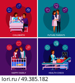 Pregnancy cartoon design concept with future parents, health check, childbirth, happy family with newborn isolated vector illustration. Pregnancy Newborn Cartoon Design Concept. Стоковая иллюстрация, агентство Ingram Publishing / Фотобанк Лори