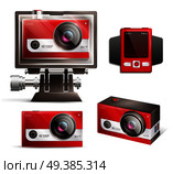 Action camera realistic set with shock resistant case isolated vector illustration. Action Camera Set. Стоковая иллюстрация, агентство Ingram Publishing / Фотобанк Лори