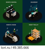 Smart manufacturing 4 isometric icons square concept with hologram projection technologies and automated robot trolley vector illustration . Smart Manufacturing Isometric Icons Concept. Стоковая иллюстрация, агентство Ingram Publishing / Фотобанк Лори