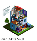 House with neighbors including spoiled kids, crying baby, barking dog, people during quarrel isometric composition vector illustration. Neighbors Isometric Composition. Стоковая иллюстрация, агентство Ingram Publishing / Фотобанк Лори