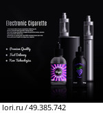 Vaping identity realistic composition with editable advertising text and images of vape devices with refill liquid vector illustration. Smoke Free Cigarettes Background. Стоковая иллюстрация, агентство Ingram Publishing / Фотобанк Лори