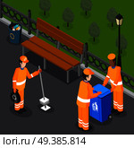 Garbage isometric composition with group of refuse collectors dressed in orange uniform with city park scenery vector illustration. Park Cleaning Team Composition. Стоковая иллюстрация, агентство Ingram Publishing / Фотобанк Лори