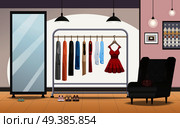 Cloakroom storage room interior with foot wear under clothing rack standing mirror armchair lighting realistic vector illustration . Cloakoom Interior Realistic . Стоковая иллюстрация, агентство Ingram Publishing / Фотобанк Лори