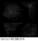 Spider web and tangling irregular cobwebs 4 realistic white images collection on black background isolated vector illustration .  Realistic Spider Web Cobweb Set . Стоковая иллюстрация, агентство Ingram Publishing / Фотобанк Лори