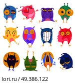 Funny colorful 12 emotion owl stickers set expressing love surprise anger sorrow laughing and crying vector illustration . Emotion Owl Stickers Set . Стоковая иллюстрация, агентство Ingram Publishing / Фотобанк Лори