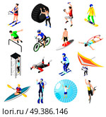 Extreme sports isometric icons set of young people engaging in power show parkour bungee jumping diving kayaking snowboarding parachuting isolated vector illustration . Extreme Sports Isometric Icons. Стоковая иллюстрация, агентство Ingram Publishing / Фотобанк Лори