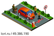 Border inspection isometric composition frontier guards with service dog during vehicle check vector illustration. Border Inspection Isometric Composition. Стоковая иллюстрация, агентство Ingram Publishing / Фотобанк Лори
