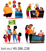 Queues characters concept 4 icons set with old young couples in supermarket and fastfood lines vector illustration . Queue People Design Concept. Стоковая иллюстрация, агентство Ingram Publishing / Фотобанк Лори