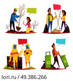Eco volunteering cartoon design concept planting of trees, garbage collection, radiation control, recyclable waste isolated vector illustration . Eco Volunteering Cartoon Design Concept. Стоковая иллюстрация, агентство Ingram Publishing / Фотобанк Лори