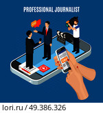 Photo video isometric composition with characters of cameraman journalist and interviewee on top of smartphone screen vector illustration. Isometric Interview Online Composition. Стоковая иллюстрация, агентство Ingram Publishing / Фотобанк Лори